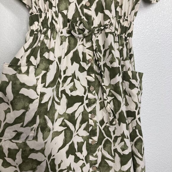 ZARA Shirt Dress Womens XL Green Cream Leaf Print Button Front Belted Midi - Picture 14 of 16